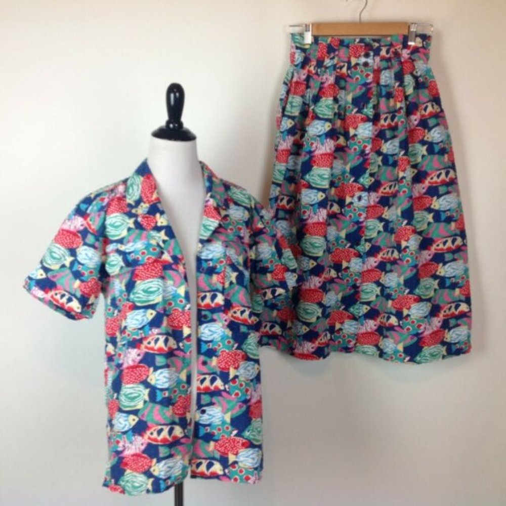 Vintage Sportables Skirt Top Set Fish Womens 8